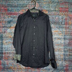 Bugatchi Uomo mens solid embroidered black floral flip classic fit shirt M EUC